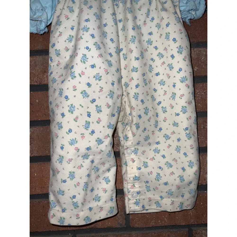 Vintage Little One's Girls 2 pc Corduroy Floral Overall Set Size‎ 12M Blue Shirt
